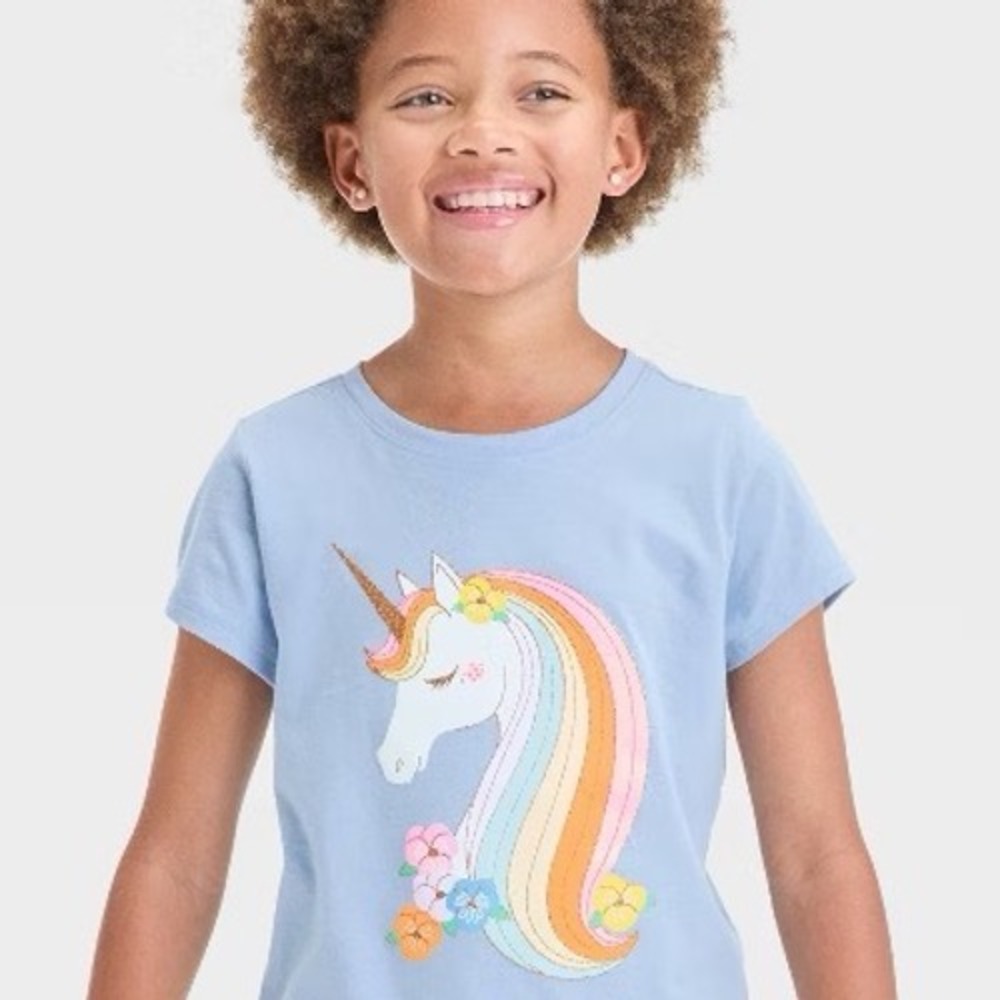 Cat & Jack Girls Unicorn Graphic Tee Light Blue Short Sleeve Shirt Size L 10/12‎